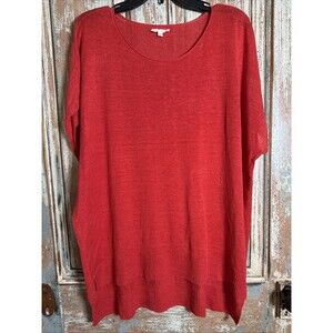Eileen Fisher 100% Linen Red / Orange Sweater Blouse Short Sleeve Hi/lo Size L